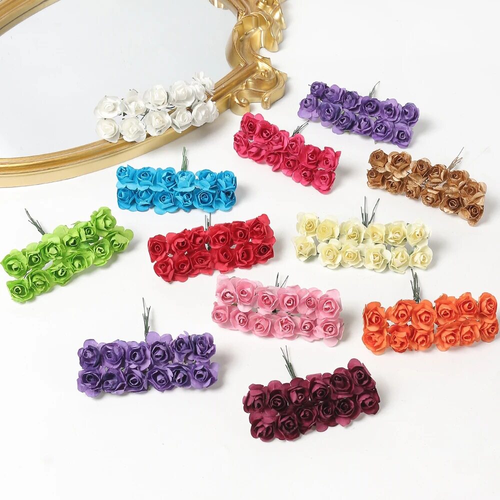 1.5~2cm中梅花玫瑰小纸花仿真花礼品盒喜糖盒装饰花环藤条DIY头饰