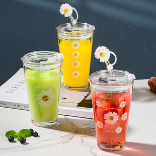 爱之蔓玻璃杯菊花杯儿童吸管杯饮料杯带盖子刻度杯直营