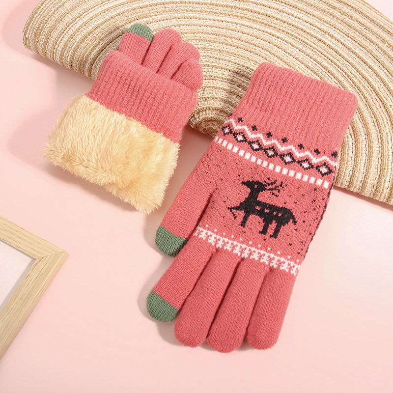 触屏手套女冬季韩版地摊加绒加厚防寒小鹿毛线保暖针织手套