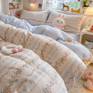 ins加厚牛奶绒四件套冬季加绒被套法莱绒宿舍三件套床笠