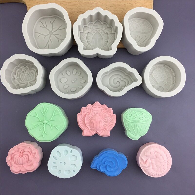 中国风鲤鱼祥云荷叶荷花莲蓬莲藕菊花硅胶模具月饼蛋糕石膏香薰蜡