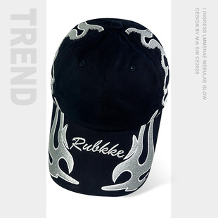 美式 嘻哈潮牌街头大头围鸭舌帽子 重工双刃刺绣火焰棒球帽男女个性