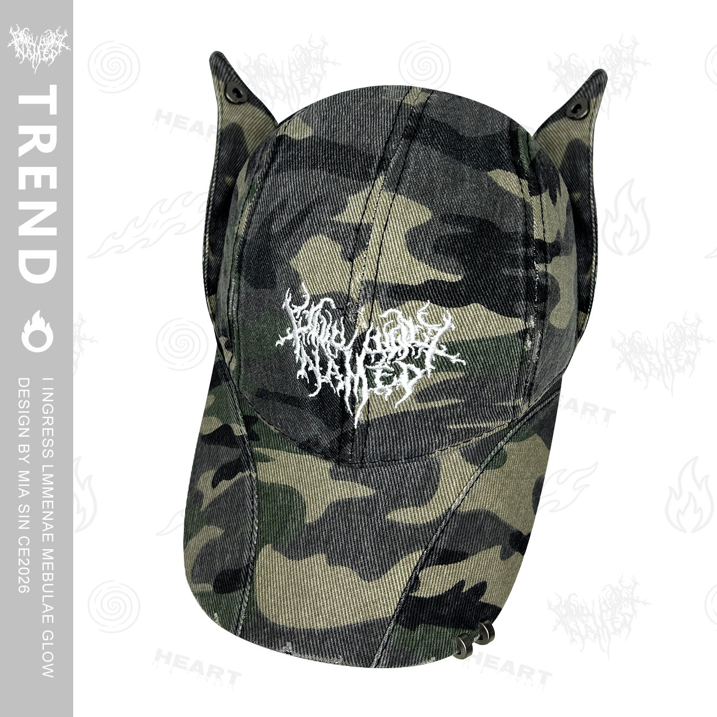 美式迷彩暗黑猫耳朵棒球帽男女街头潮牌重工刺绣铆钉火焰鸭舌帽子