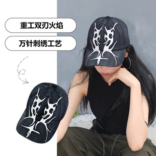 高街潮牌刺绣火焰棒球帽男女个性 美式 擦色嘻哈铆钉大头围鸭舌帽子