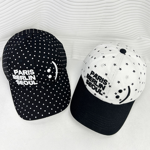 韩国小众笑脸波点星星字母棒球帽女加深大头围休闲百搭鸭舌帽男潮