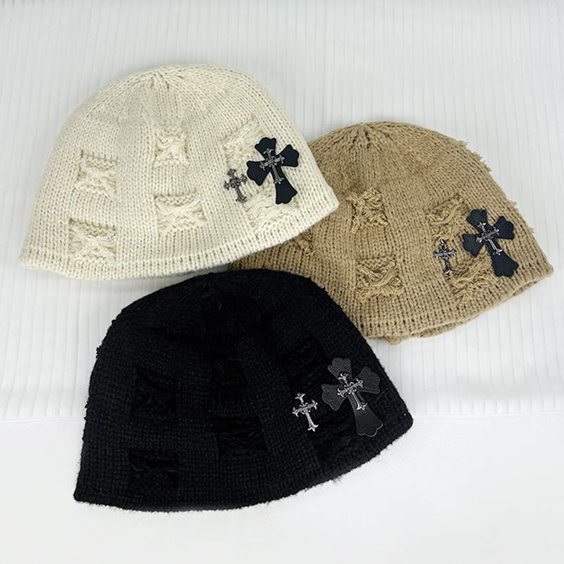 韩版十字架磨破设计感秋冬针织帽