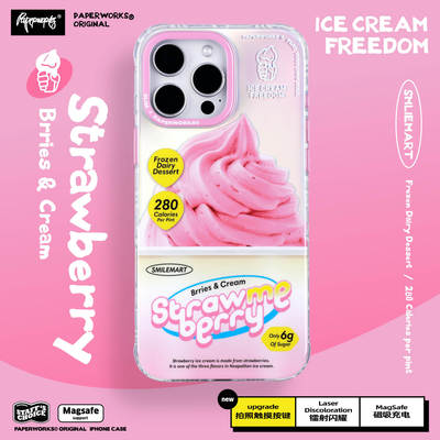 PAPERWORKS原创草莓雪糕图案镭射双层印刷磁吸充电MagSafe相机触摸按键适用苹果iPhone16ProMax全包手机壳