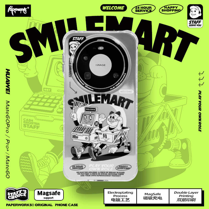 PAPERWORKS原创五宝超市图案英文款银色电镀磁吸充电适用于华为Mate80ProMax全包手机壳