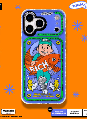 PAPERWORKS原创年年有鱼卡通磁吸充电MagSafe相机触摸按键双层图案适用于苹果iPhone1716Promax手机壳