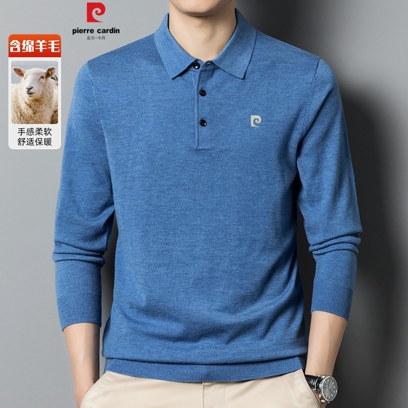 皮尔卡丹秋冬高端男装长袖翻领羊毛衫保暖毛衣男士打底POLO衫上衣
