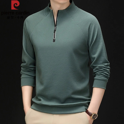 皮尔卡丹男士立领纯色半拉链卫衣2025春季新款高端桑蚕丝长袖T恤