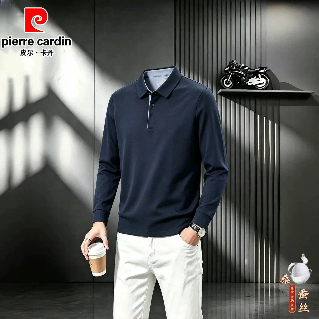 皮尔卡丹2026新款男士桑蚕丝长袖t恤中年休闲商务纯色翻领POLO衫