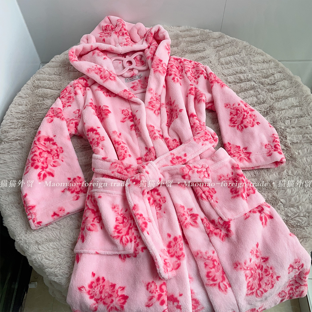cath kids/Mini Boden出口英国粉色玫瑰珊瑚绒睡袍男女儿童浴袍