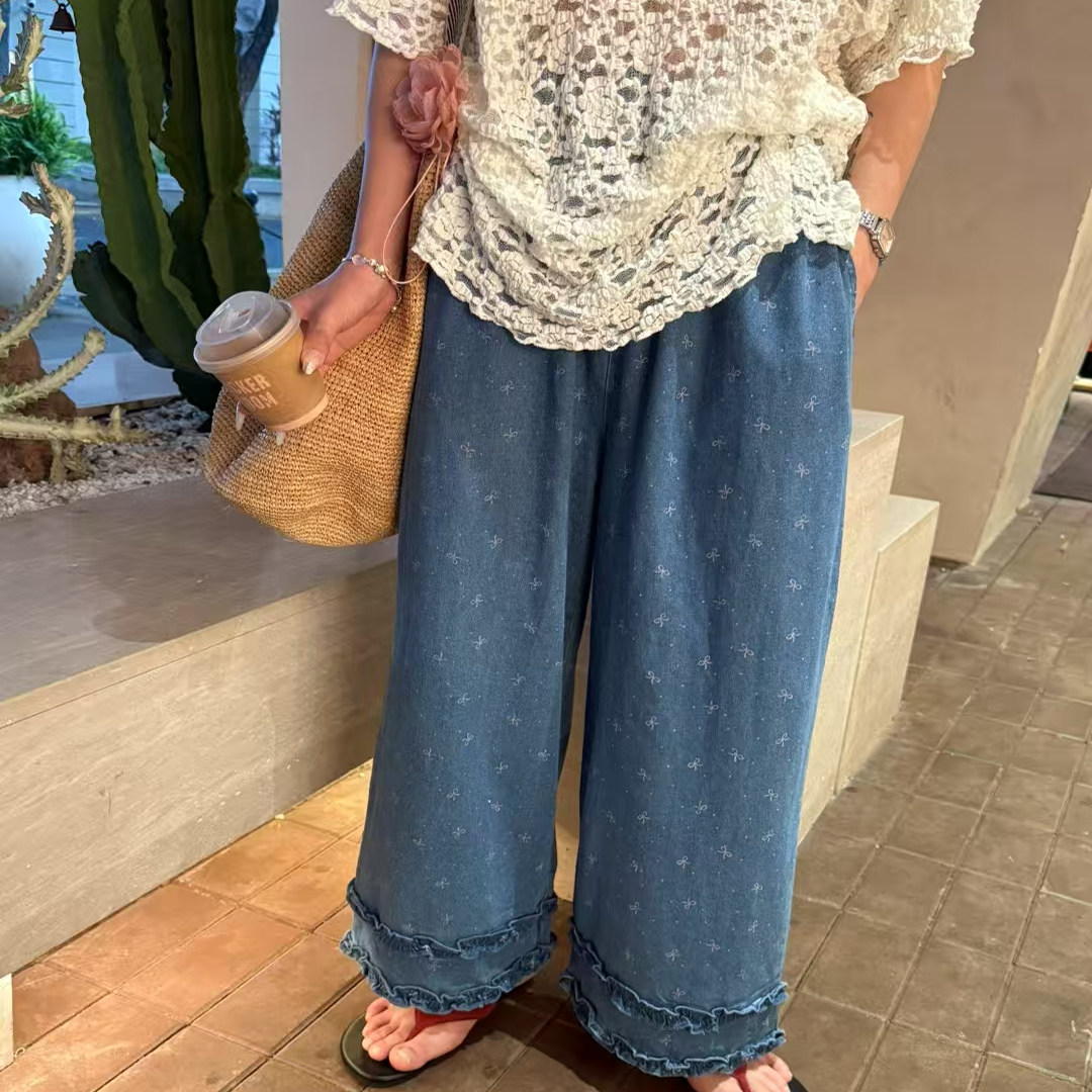 直筒阔腿牛仔裤女花边长裤潮