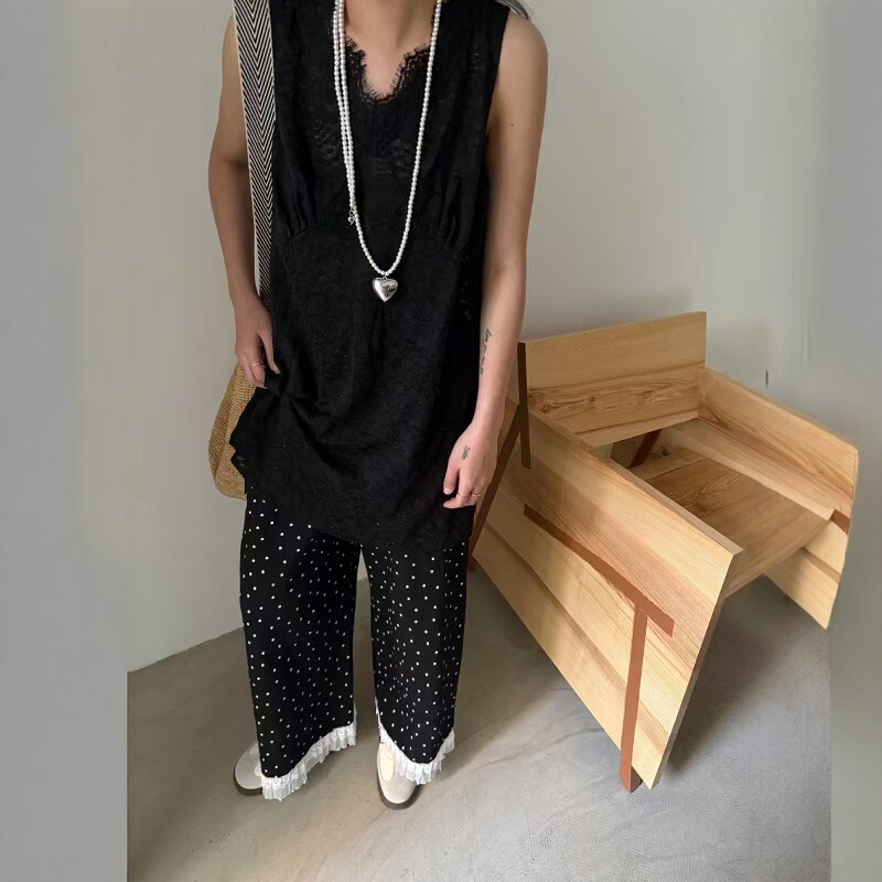 V领透视蕾丝无袖T恤侧开叉长款女