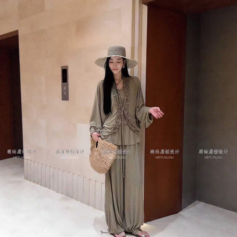 木耳边荷叶边系带长袖衬衫外套