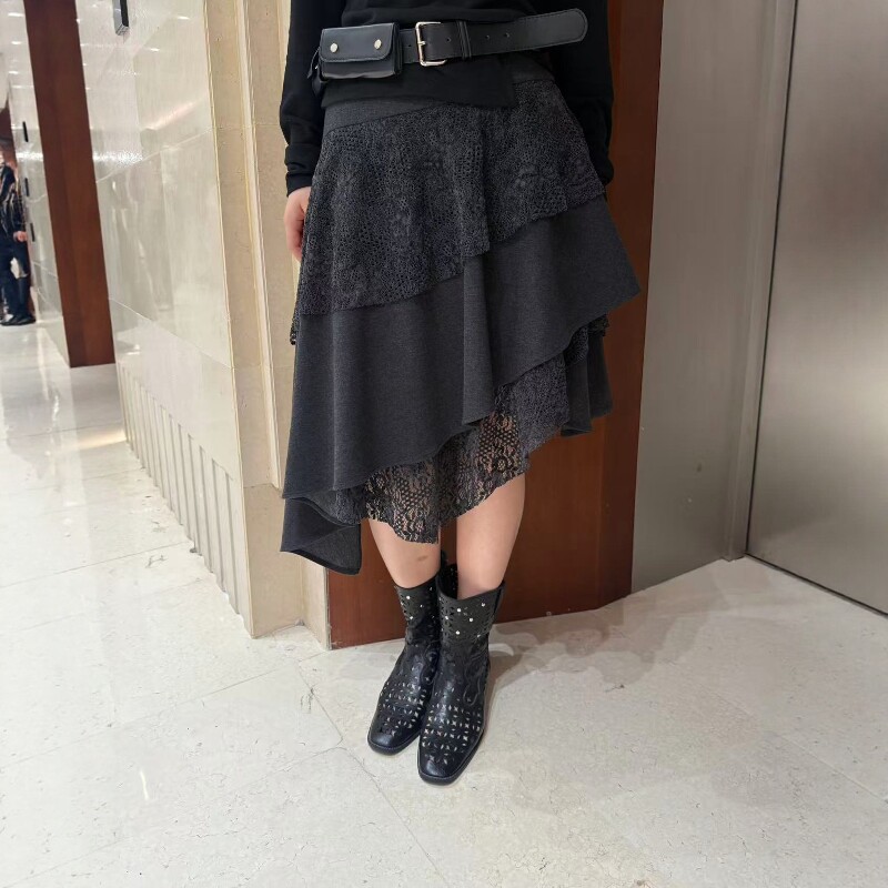 蕾丝拼接不规则半身裙女