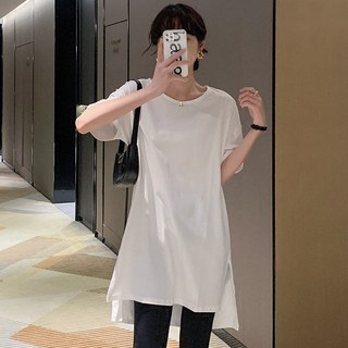 韩国版型设计纯棉简约百搭夏季韩版宽松长款纯色圆领短袖T恤女装
