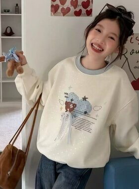 大E小e儿童一体绒卫衣2026冬款女童韩系蝴蝶结亮闪闪波点上衣9185