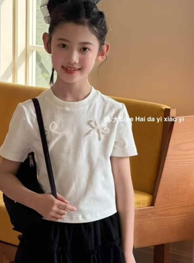 大E小eT恤2026夏新品女童修身小短袖韩版珍珠蝴蝶结洋气半袖1136