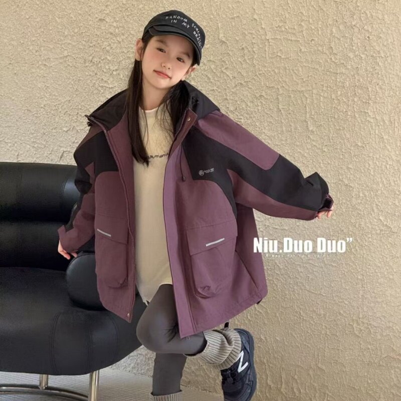牛哆哆女童拼色冲锋衣2025秋冬男童中大童中长款加绒潮外套71231