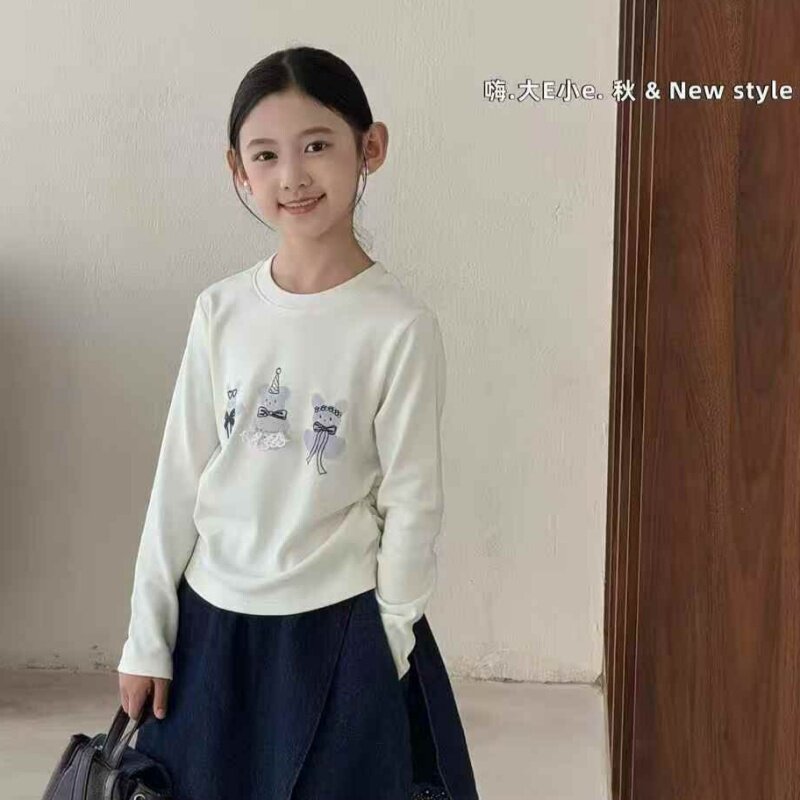大E小e打底衫2025秋冬中大童蕾丝磨毛T恤女童加绒短款潮上衣73013