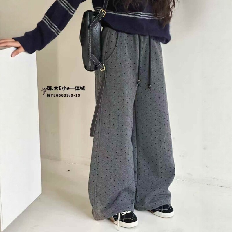 大E小e女童直筒裤2025秋冬阔腿裤青少年圆点加绒加厚针织裤66639