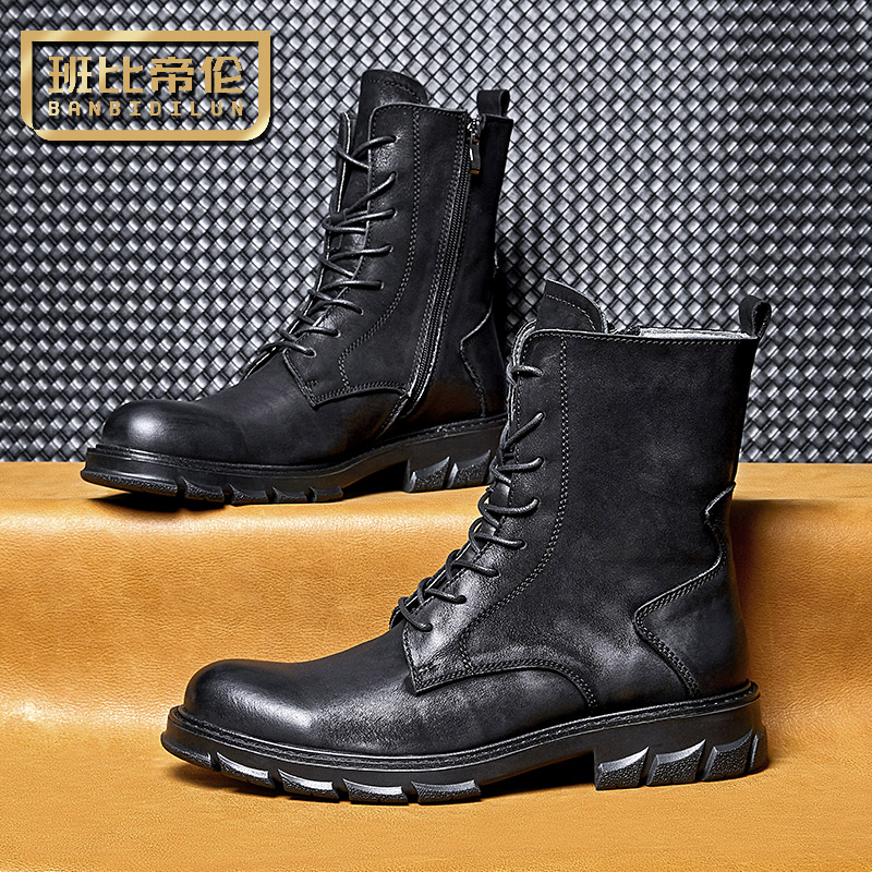 全牛皮中帮英伦风夏季工装靴