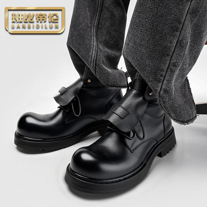 英伦厚底马丁靴男真皮美式复古中帮机车工装靴男士牛皮短靴潮增高