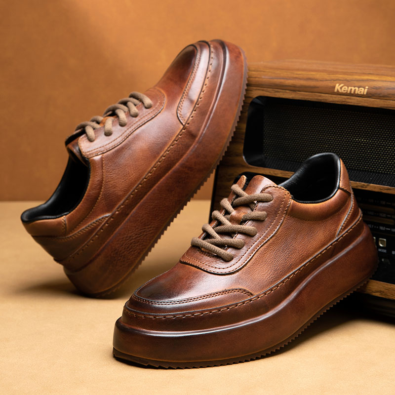 手工真皮板鞋男士增高英伦百搭复古休闲皮鞋男厚底透气牛皮包边潮