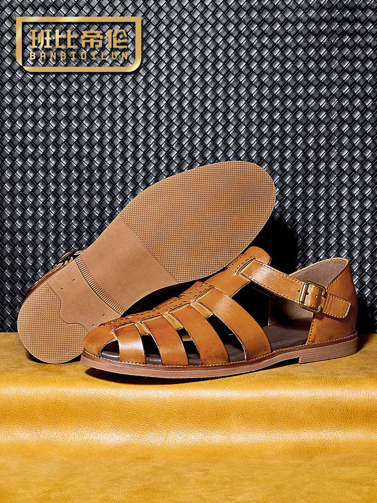 COWHIDE WOVEN PIG CAGE SUMMER BUSINESS LEATHER SANDALS MENS ROMAN SHOES GENUINE LEATHER TOE CASUAL BREATHABLE HIGH-END LEATHER SHOES