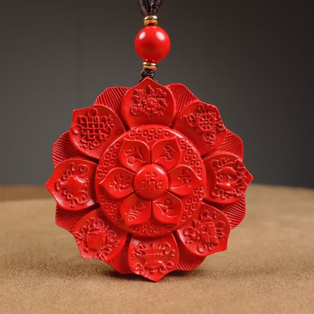 高含量朱砂八宝莲花六字真言金刚杵吊坠真品红砂本命年转运挂件