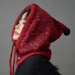 红色针织巴拉克拉法帽子女秋冬季保暖大头围显脸小围巾一体包头帽