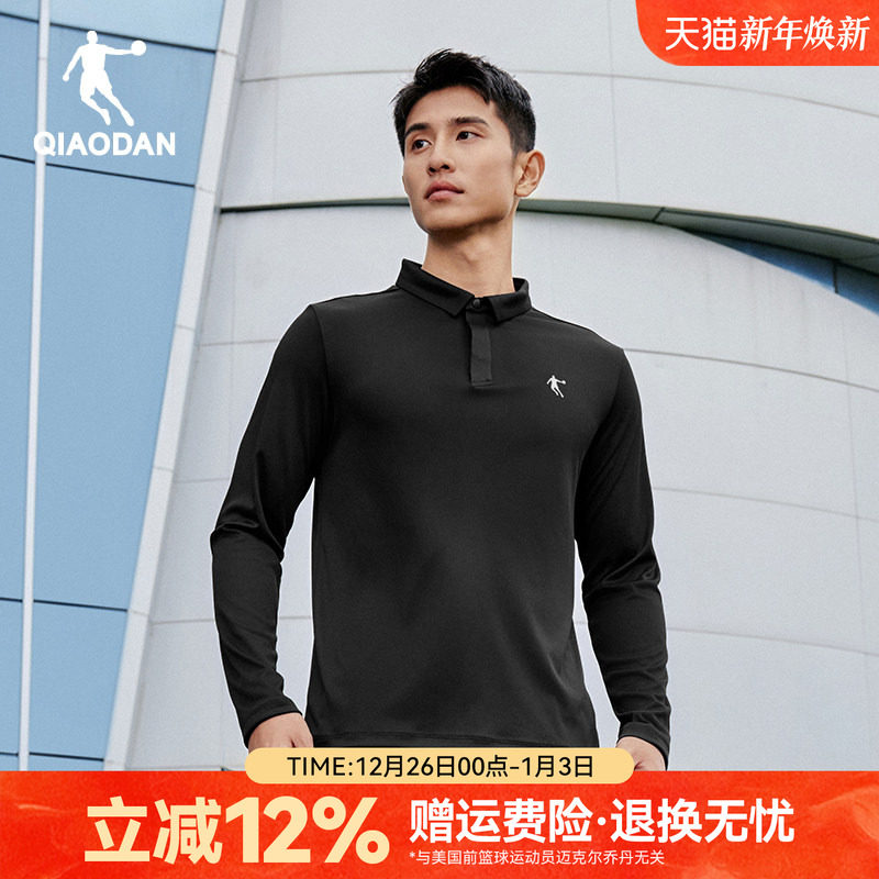 乔丹翻领抗皱长袖t恤男士polo衫春秋季新款休闲商务中年爸爸黑色