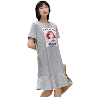 荷叶边裙细条纹连衣裙女短袖中长款韩版新款夏显瘦半袖T恤长裙