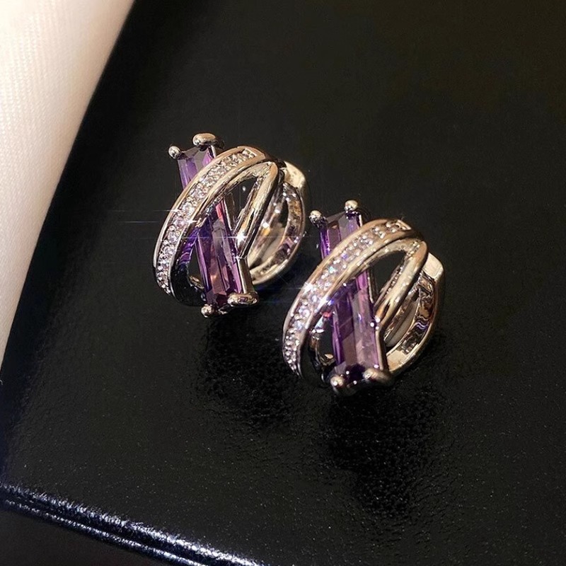 18K金紫色交叉耳环耳钉女耳扣