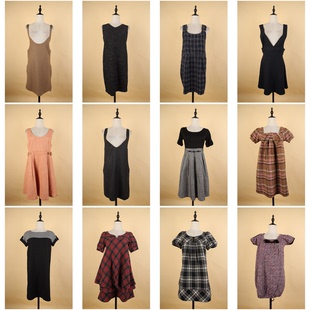 BX100古着vintage日系格子文艺风秋冬毛呢中长款复古风连衣裙
