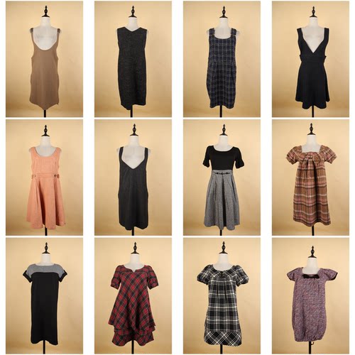 BX100古着vintage日系格子文艺风秋冬毛呢中长款复古风连衣裙