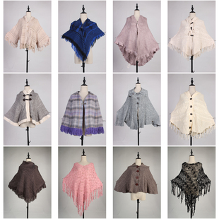 DA381古着vintage日系甜美文艺森系女装春秋针织毛线流苏披肩斗篷
