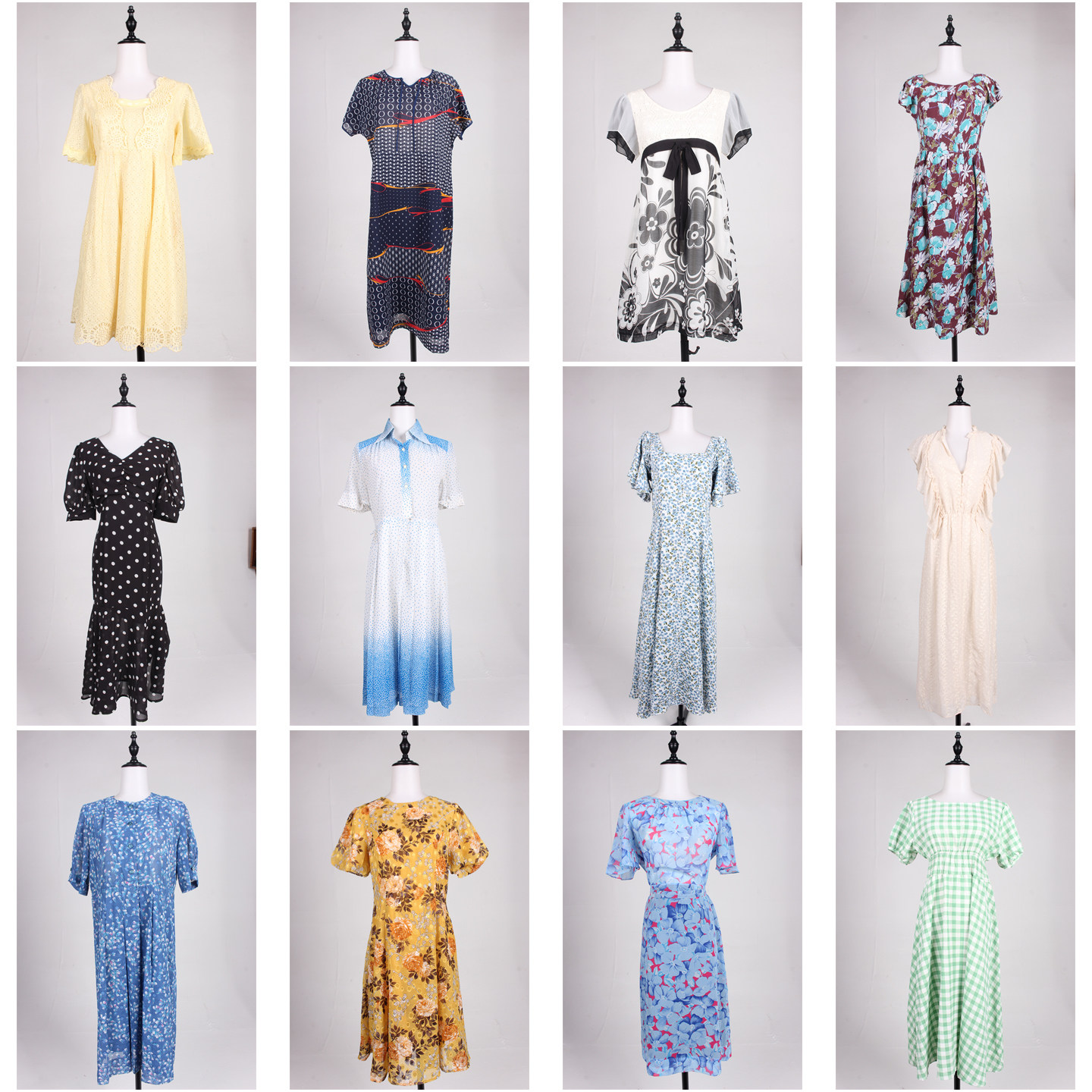 LK62古着vintage日系复古风港风文艺百搭中古中长款短袖连衣裙夏