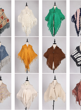 DA400古着vintage日系秋冬针织钩针毛线流苏森系甜美风披肩斗篷女