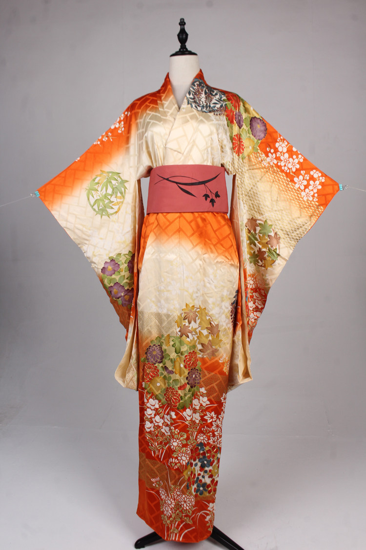 HF01023古着vintage日本制传统民族服饰节日演出重工振袖长款和服