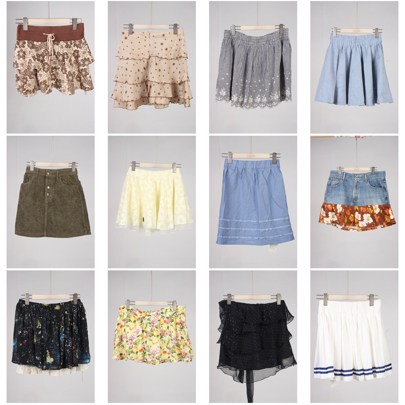 BK772古着vintage日系夏季甜美风花色花边年轻款膝上裙短裙半身裙