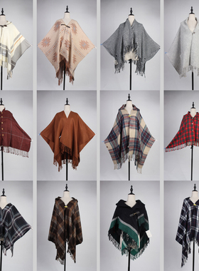 DA127古着日系复古风甜美风年轻款流苏毛线斗篷披肩