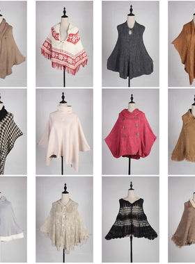 DA313vintage古着日系中古文艺复古风针织毛线流苏秋冬披肩斗篷女