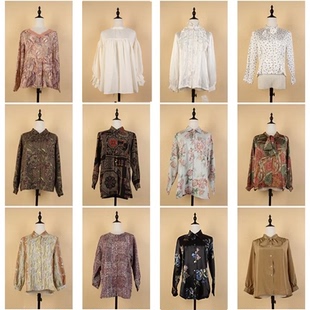 FC156古着vintage日制复古风法式优雅女装春夏中古花色衬衫衬衣