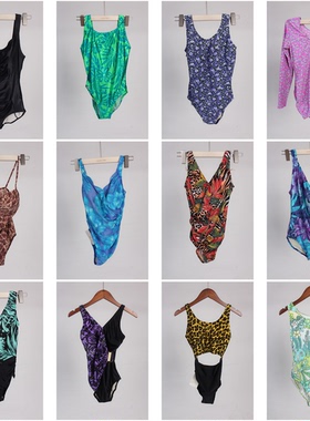 YW65古着vintage日系夏日海边沙滩度假游泳花色女装连体泳衣泳裤