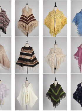 DA260古着vintage日系流苏毛线针织田园文艺森系春秋冬披肩斗篷女