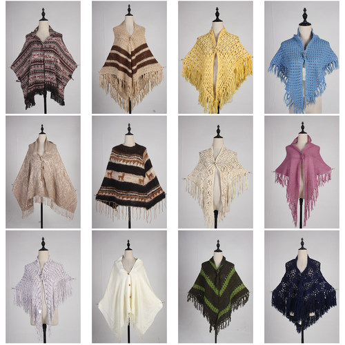 DA260古着vintage日系流苏毛线针织田园文艺森系春秋冬披肩斗篷女