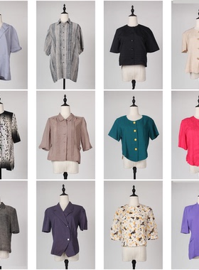 FC147古着vintage日制春夏中古短袖复古风设计款花色女装衬衣衬衫